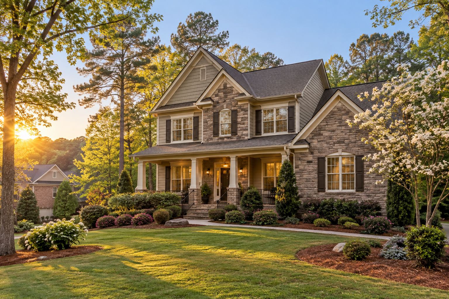 A brick and siding home with a covered porch and landscaped yard in north Georgia