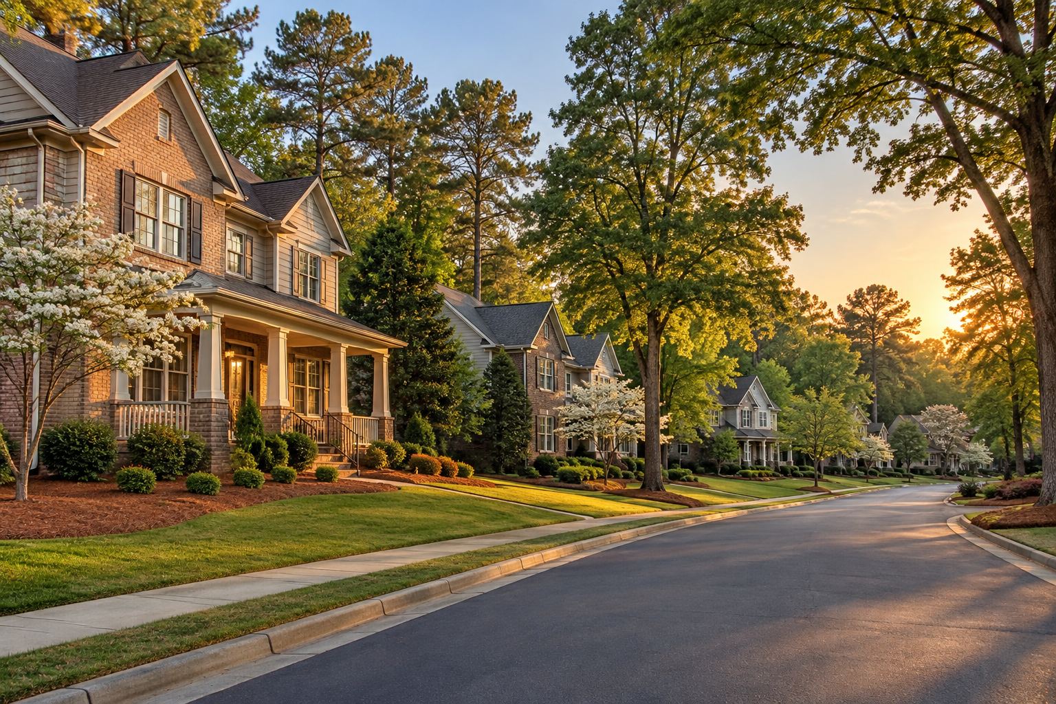 A residential street in north Georgia at sunset, illustrative